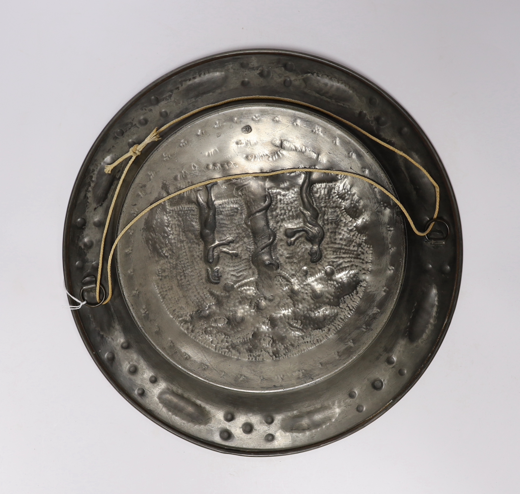A large North European pewter 'Adam and Eve' alms dish, possibly Nuremberg 18th/19th century, impressed J mark, 40cm